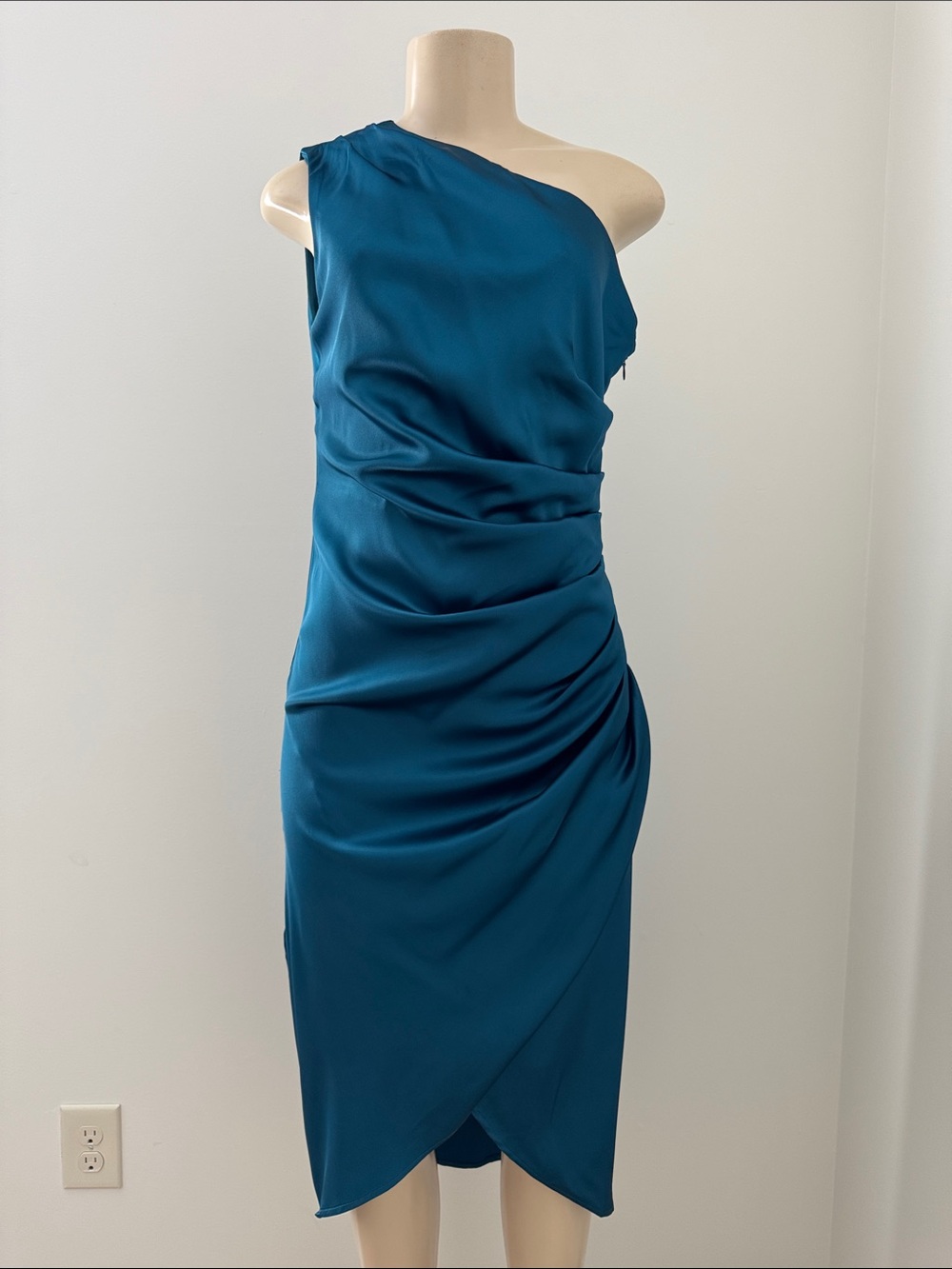 Rachel Zoe One-Shoulder Teal Blue Ruched Midi Dress